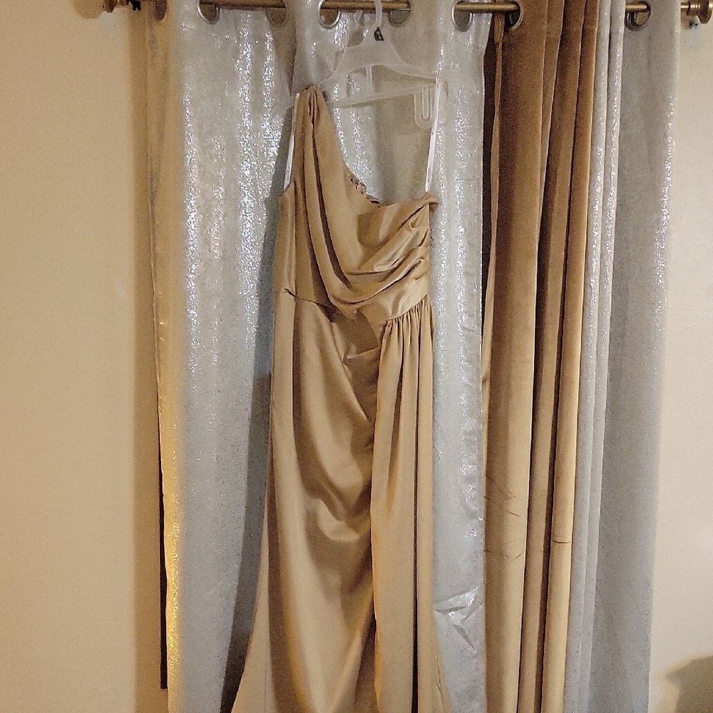 Signature Gold Ruched One Shoulder Gown